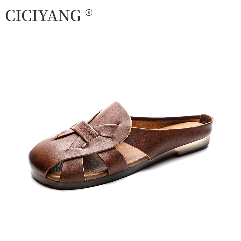 

CICIYANG Women's Slippers 2024 Summer New First Layer Cowhide Handmade Retro Flats Soft Sole Protect The Toes Women's Sandals