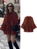 Casual Flounce Mini Dress Women Loose O Neck Long Sleeves Robe Female 2025 Spring Solid Lace Up Hollow Out Chiffon Dresses Lady 1