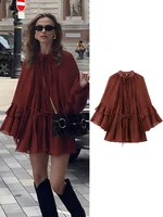Casual Flounce Mini Dress Women Loose O Neck Long Sleeves Robe Female 2025 Spring Solid Lace Up Hollow Out Chiffon Dresses Lady 1