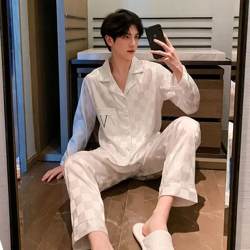 

Mens Set Spring Pijama Collar Loose Piue Pajama Turn-down Pajamas Silk Long-sleeved Hombre 2pcs Oversized Size Sleepwear