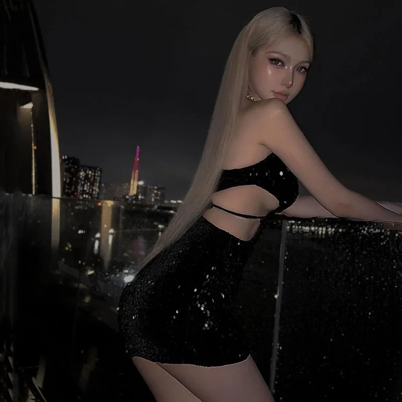 

SKMY Slim Fit Fashion Halter Neck Spaghetti Strap Sexy Hollow Out Dress Clothes For Women New Night Club Outfits Sequin Dress