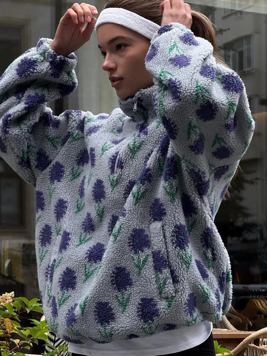 Bornladies Women's Autumn Winter New Fleece Jacquard Sweatshirt Half Zip Loose Hoodies High Neck Sweatshirt