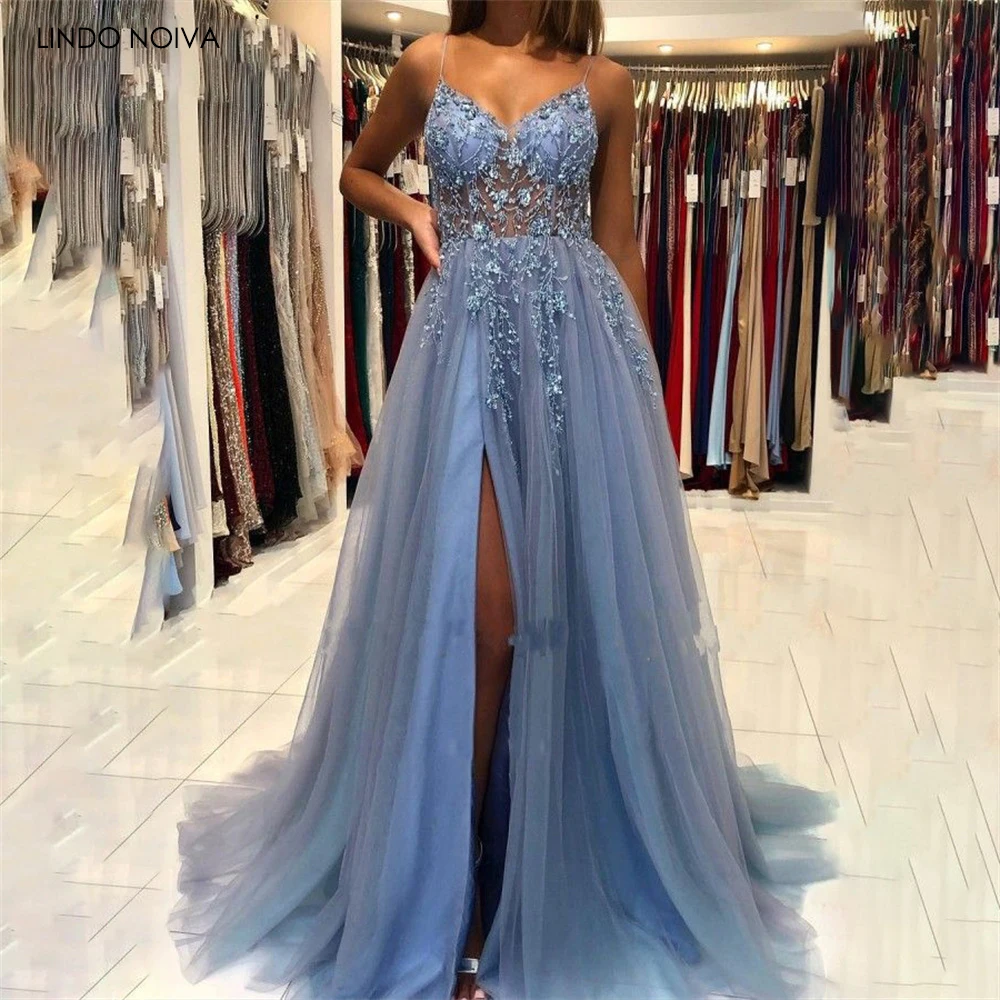 

Women's Spaghetti Straps V Neck Prom Gowns Beading Appliques Celebrity Formal Evening Dresses High Split vestidos de noche 2023