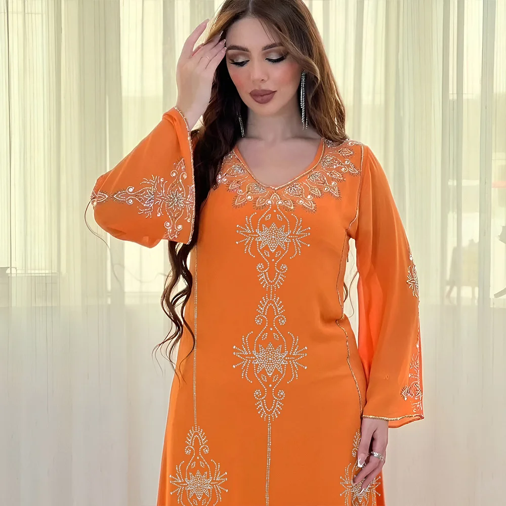 Muslim Dress for Prom Saudi Arabia Dubai Fashion Hot Diamond Dress Summer Robe Women's Wear V-neck Waist Slim Long Dress