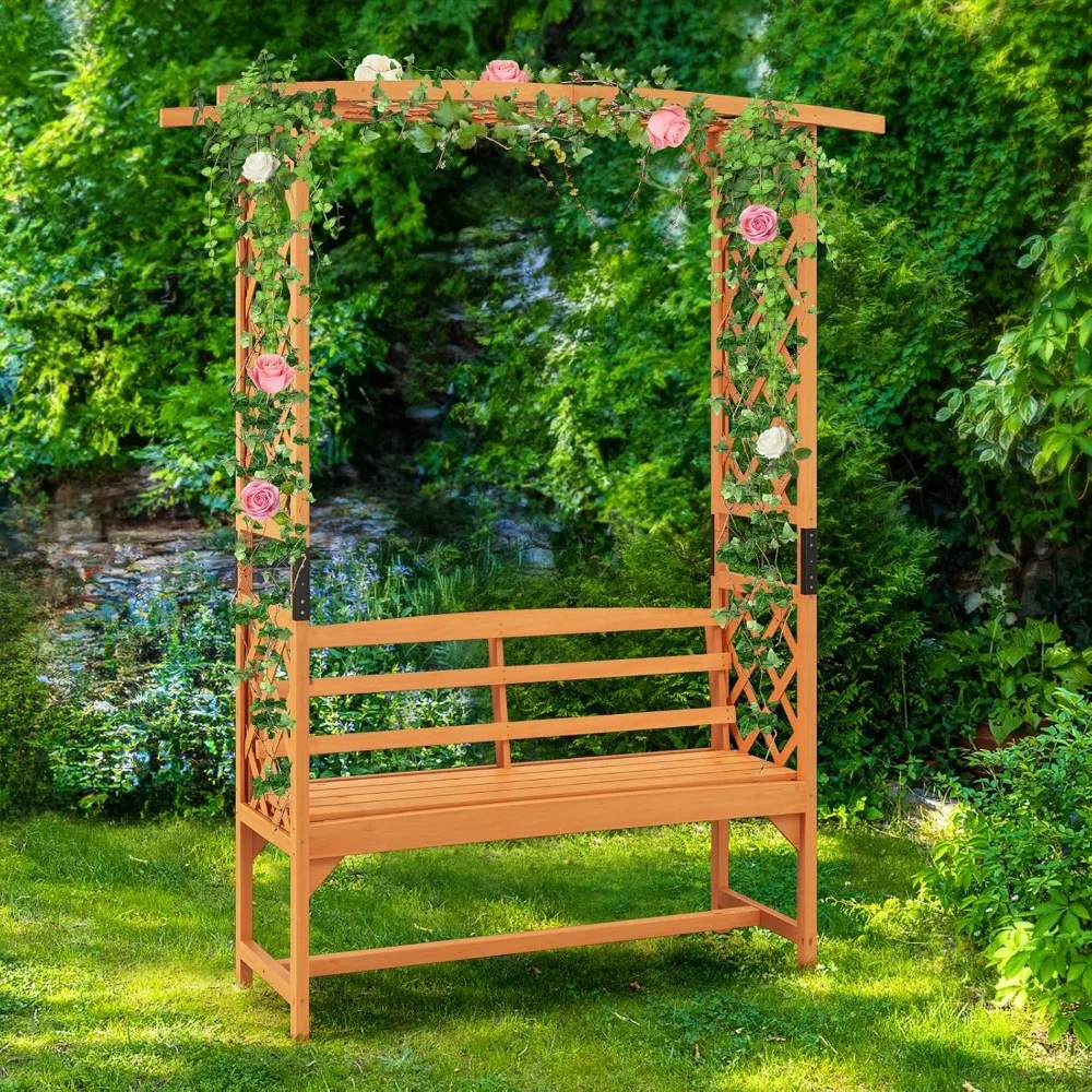 Garden Arch Trellis with Bench - 63''W x 79''H Wooden Arbor with 2-Person Outdoor Bench, Garden Arbors Archway Pergola for Clim