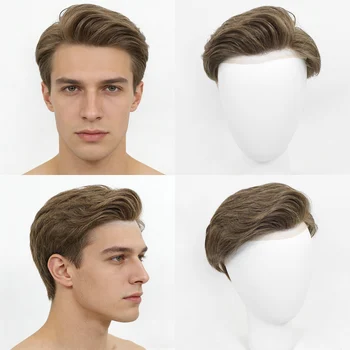 Toupet Uomo Pre-Tagliato Biondo Chiaro, Parrucche da Uomo in Capelli Veri Pre-Stilizzate, Sistemi di Sostituzione Capelli, Protesi Capillare BIO/PU Completo per Uomo