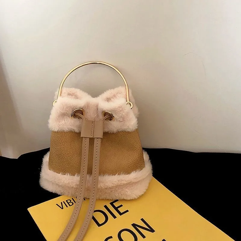 Plush Khaki Drawstring Bucket Handbag Women Panel Cloth Sweet Cute Shoulder Bags Ladies Soft Casual Versatile Crossbody Bag 2025