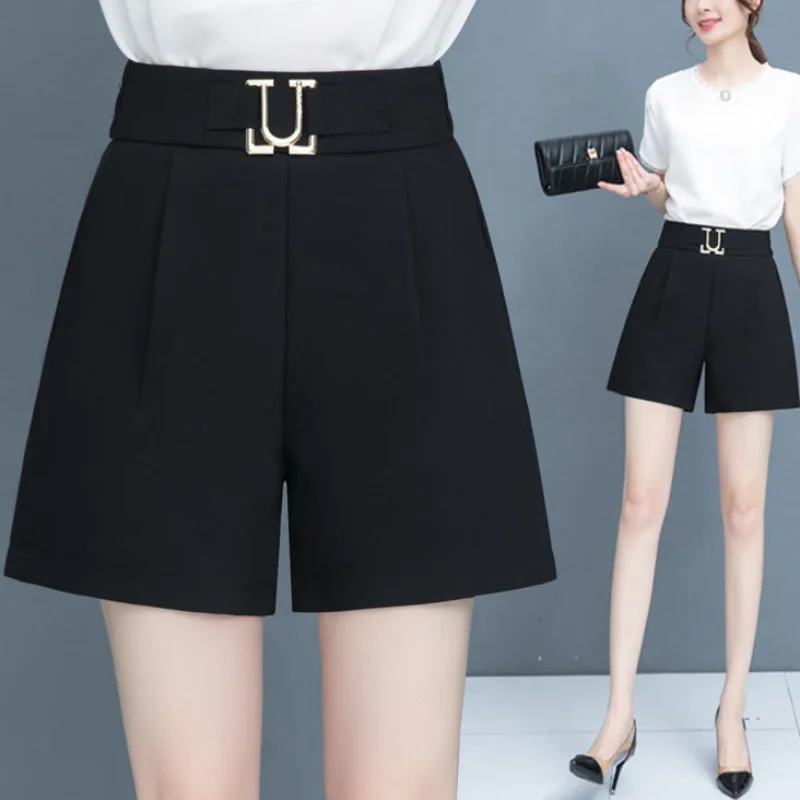 Summer Ice Silk New High Waist Loose Versatile Wide Leg Suit Shorts Women Solid Patchwork Pocket Fashion Korean Straight Shorts