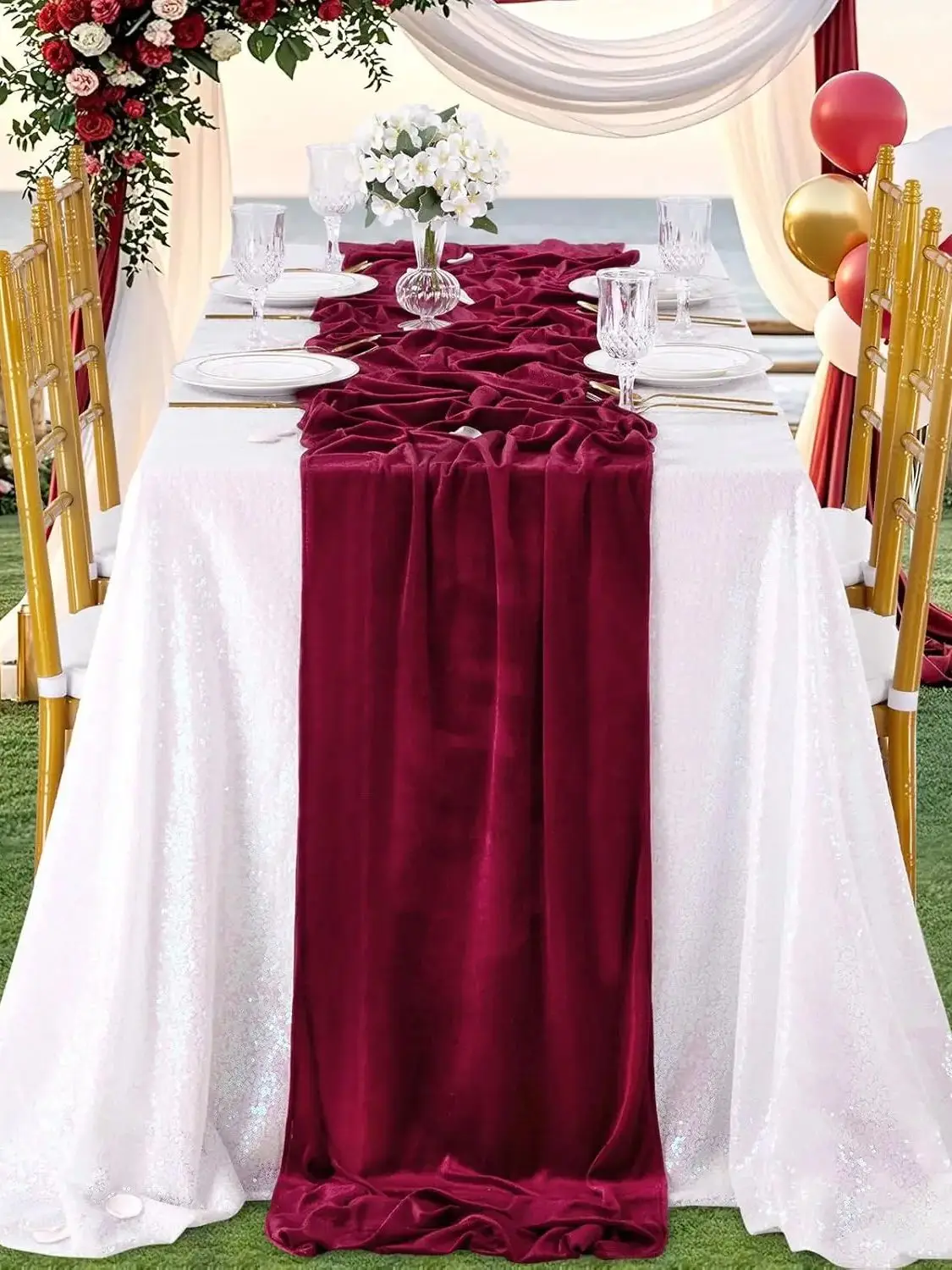 1pc Burgundy Red Velvet Table Runner Christmas Cloth Decor 120 Inches 10ft Fabric Luxurious Runner for New Year Bridal Shower