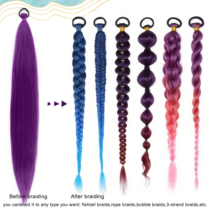 3 Pc Purple 26inch Braided Hair With Elastic Elastic Band Wig Women's Hair Extensions Pink Purple Gradient Braided Ponytail Synt