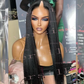 블랙 라이트 야키 스트레이트 V 파트 가발, 미가공 100% 인모 가발, 다크 다크 브라운 U 모양 고밀도 킨키 스트레이트 풀 엔드