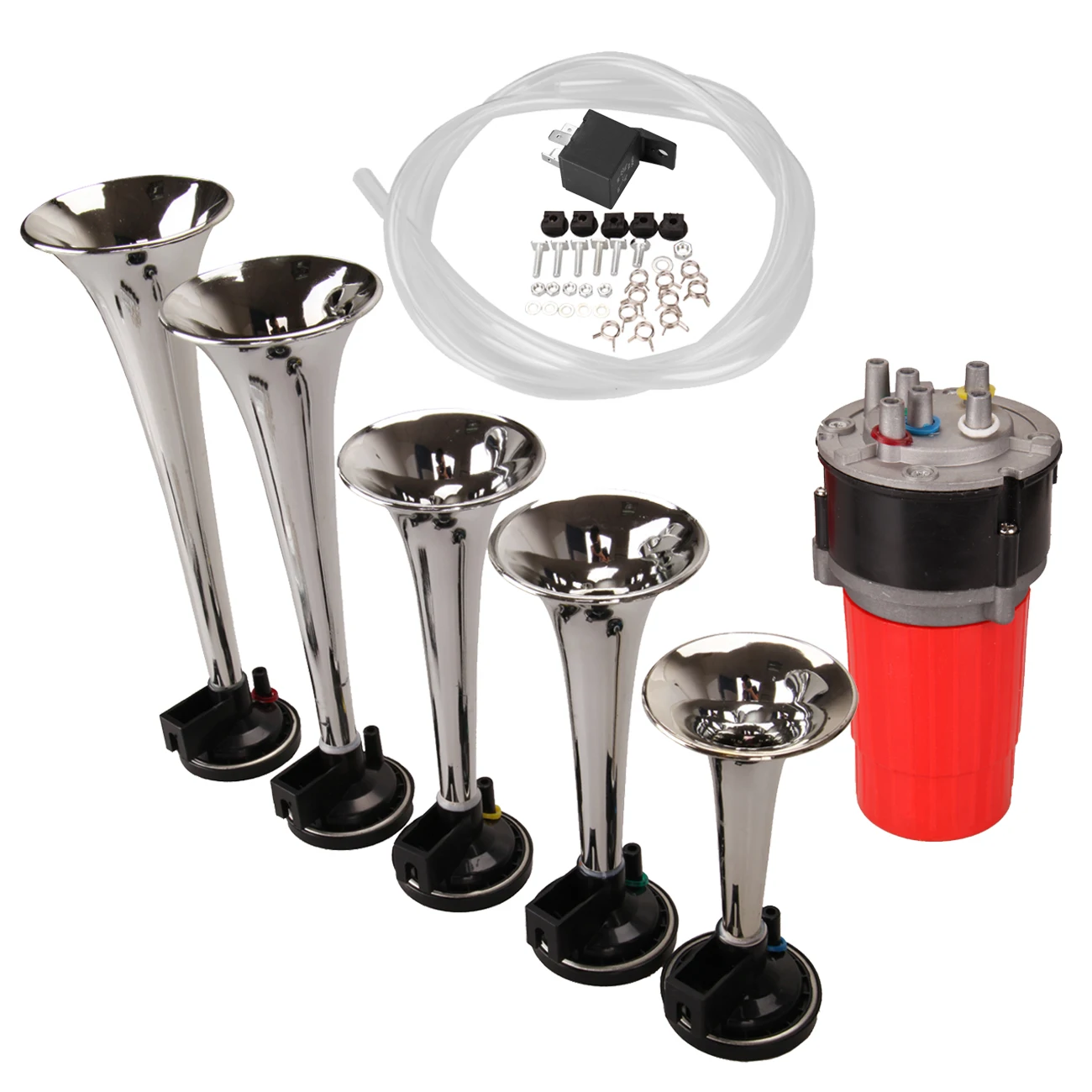 5-Trumpet-Musical-La-Cucaracha-Electronic-Air-Horn-Chrome-125DB-For-12V