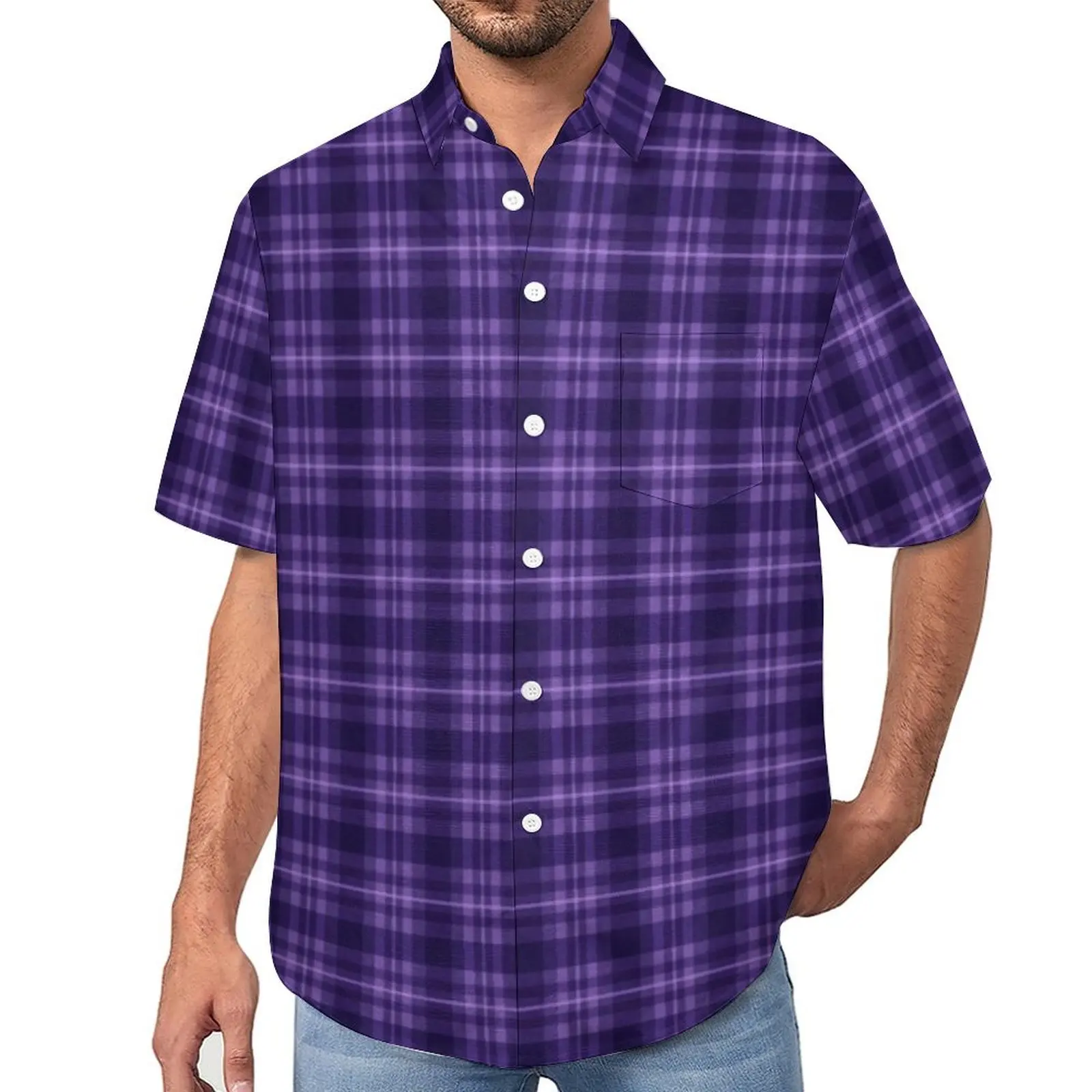 

Purple Plaid Blouses Men Retro Check Print Casual Shirts Hawaiian Short-Sleeve Graphic Aesthetic Oversize Beach Shirt Gift