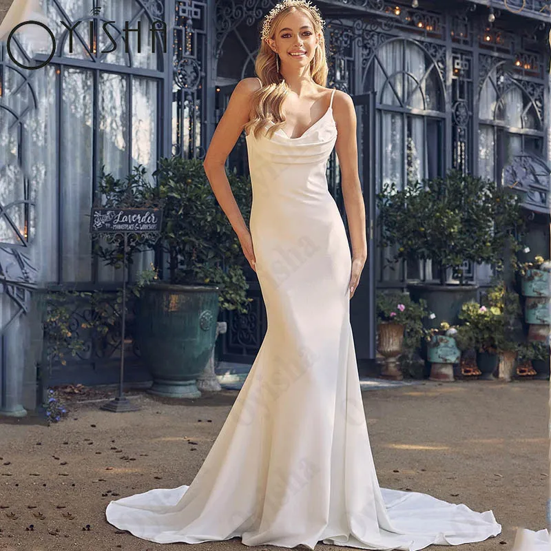 

Oyisha Open Back Mermaid Bride Gowns Simple Satin Sleeveless Vestido De Novia Elegant Spagehtti Straps Wedding Dress Custom Made