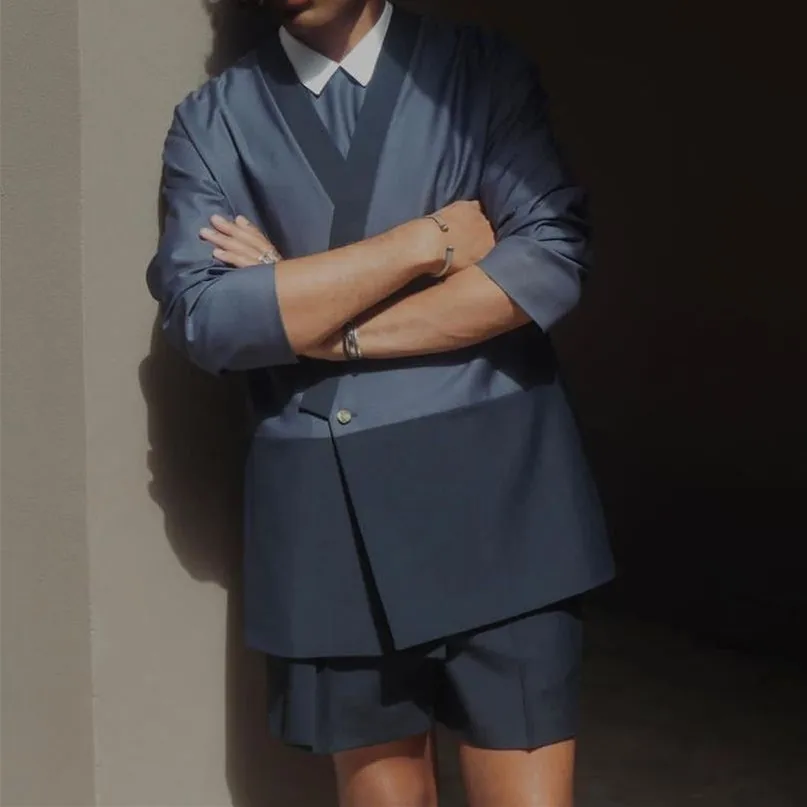 Splicing Navy Blue Men Suit Tailor-Made 2 Pieces Blazer Short Pants Summer One Button Collarless Wedding Groom Prom Tailored