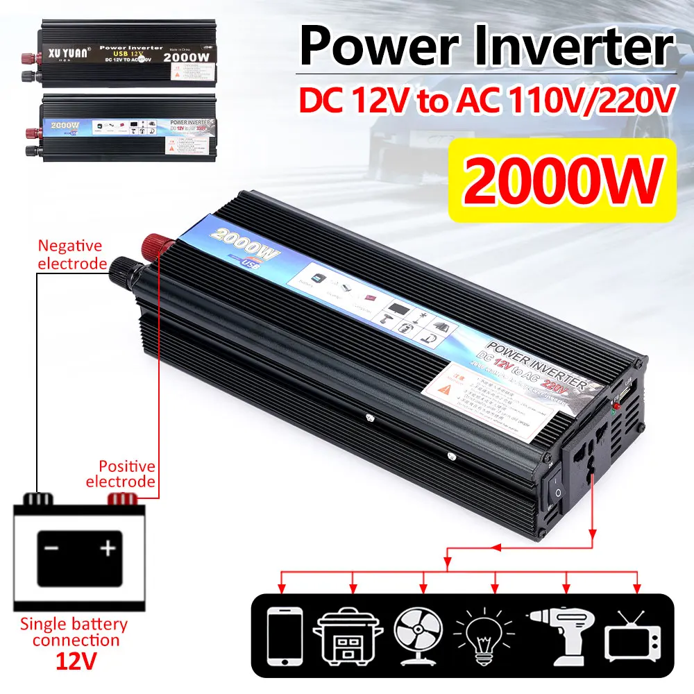 

2000W Car Inverter 12V/24V Black Power Inverter Modified Sine Wave USB Car Voltage Converter Universal Plug With Fan