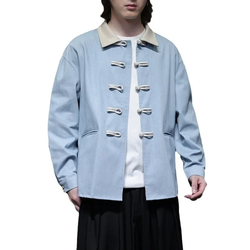 Autumn Winter Men's Denim Jacket Button up Collar Retro Chinese Style Coat Casual Western Suit for Men Origin China