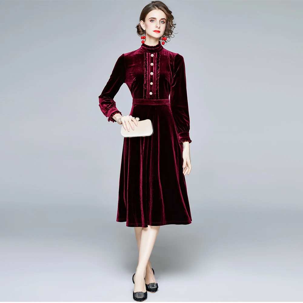 

Fashion Runway Velvet Pleated Midi Long Dress Vintage Elegant Button Pleated Velvet Party Dresses Lady Work Vestidos T8630