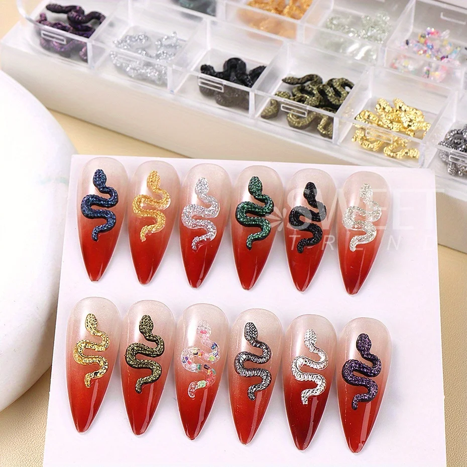 12 Grids Punk Gothic Snake Nail Decoration Charms Resin And Metal Design Shiny Jewelry DIY Halloween Holiday Style Manicure Part
