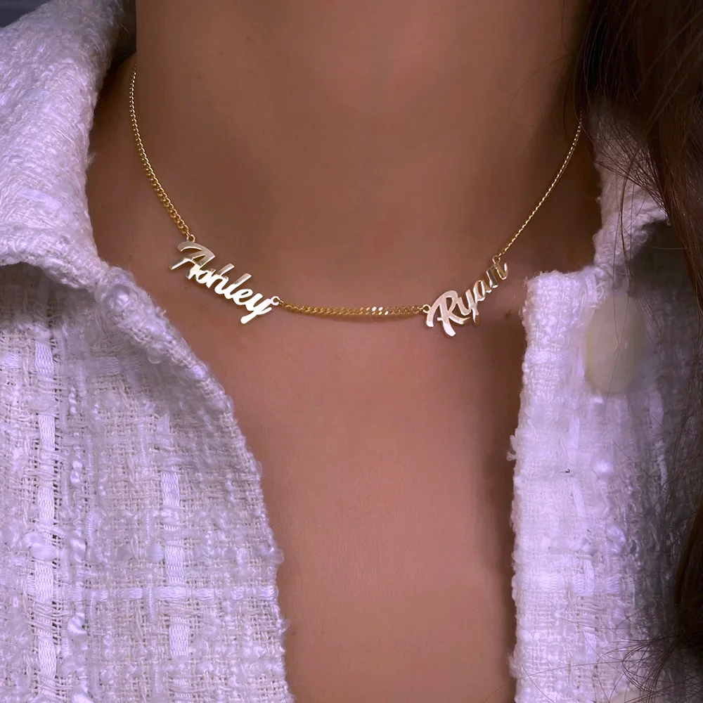 

Custom Stainless Steel Cuban Chain Double Name Necklace Unisex Gothic Jewelry Personality Nameplate Necklaces Gift for Women