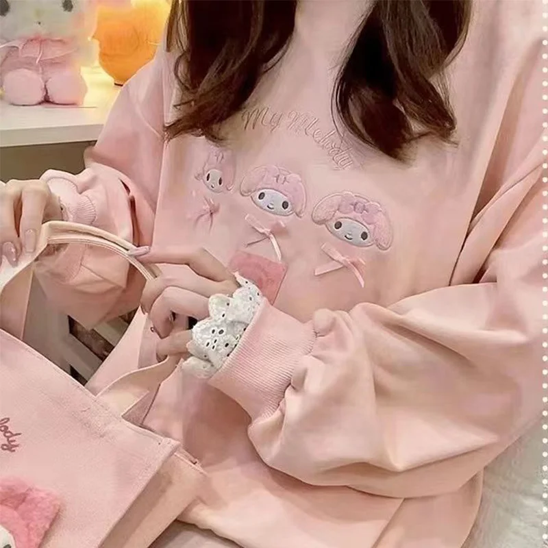 

Sanrio Hello Kitty Hoodie Kuromi Womens Lace Fake Two Piece Hooded Spring Sweatshirt Kawaii Cinnamoroll Y2K Harajuku Anime Tops