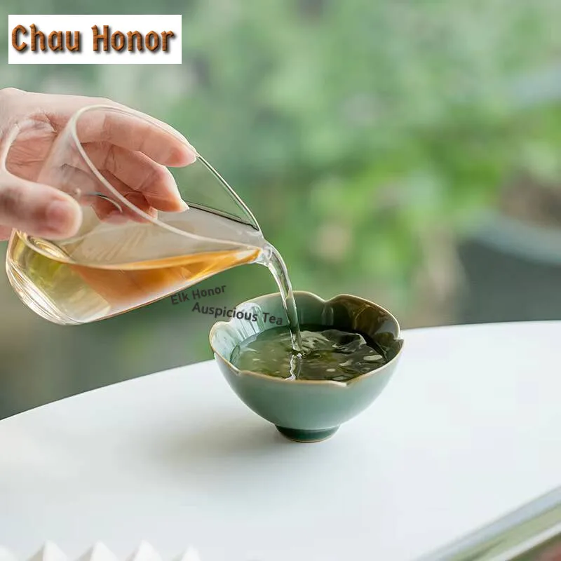 2pc/Set Boutique Yue Kiln Celadon Tea Cup Sunflower Mouth Ceramic Tea Bowl Puer Master Cup Kung Fu Dahongpao Tea Set Gifts 65ml