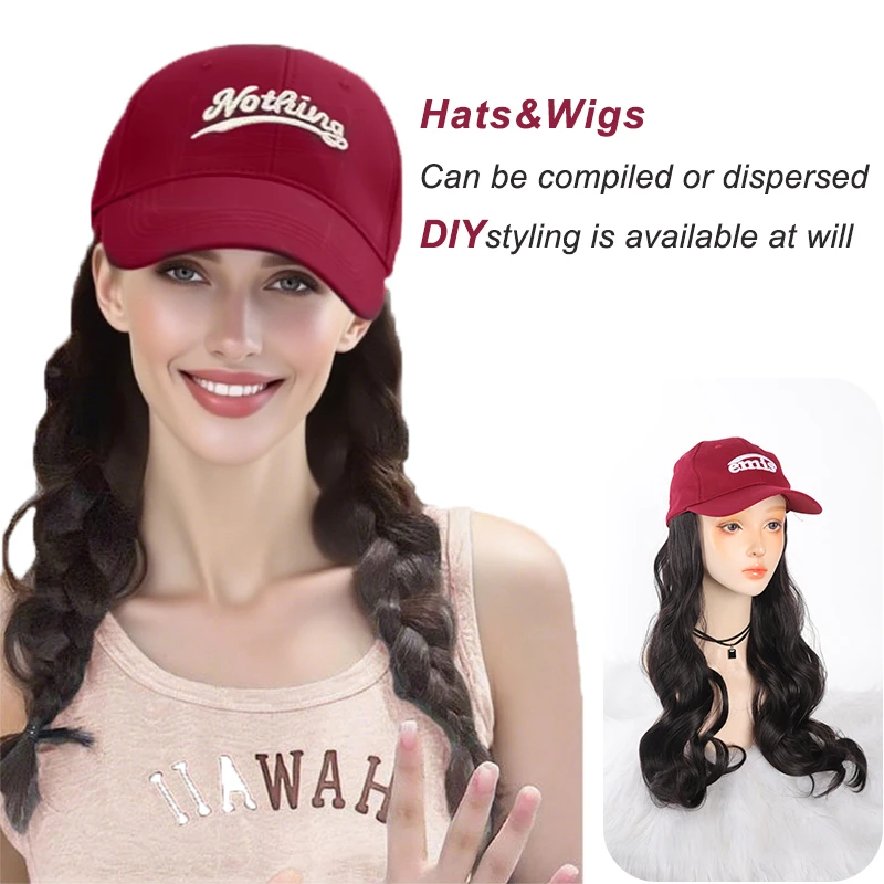 LUPU Hat Wig Wine Red Wavy Baseball Cap Suitable for Women and Girls Adjustable Baseball Cap, Heat-resistant Synthetic Wig
