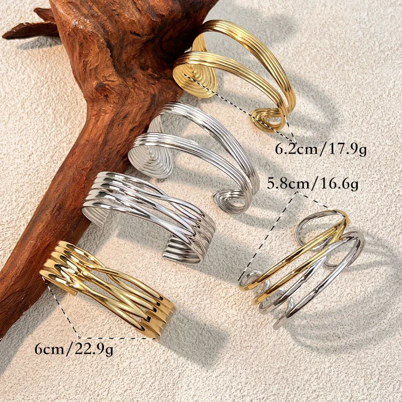 New Stainless Steel Hollow Geometric Cuff Open Minimalist Bracelet Bangle Multi Layer Striped Statement Waterproof Wrist Jewelry