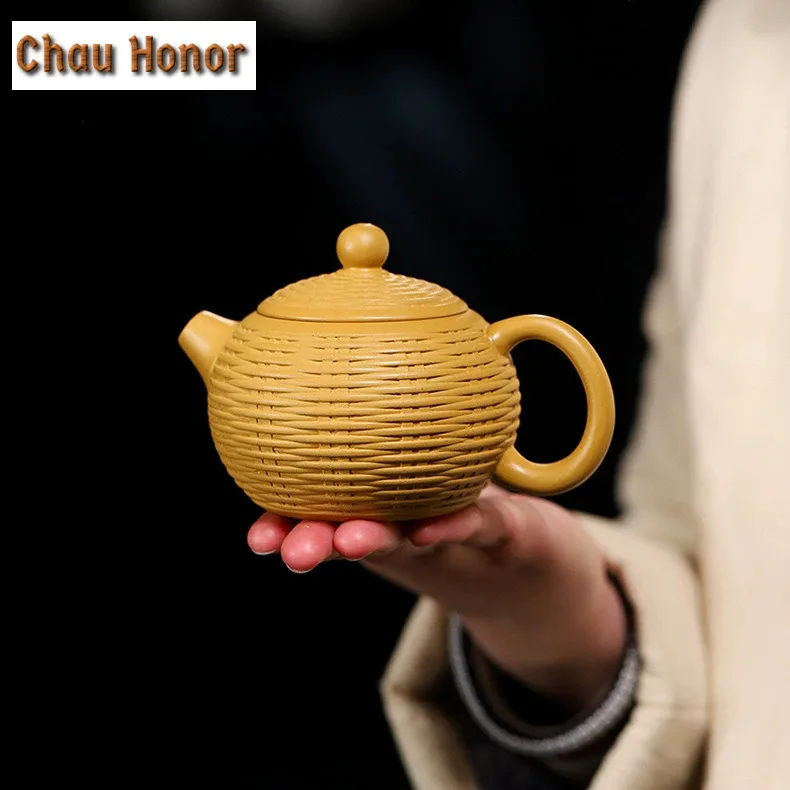 220ml Antique Yixing Purple Clay Teapots Handmade Bamboo Weaving Xishi Pot Raw Ore Section Mud Kettle With Filter Zisha Tea Set