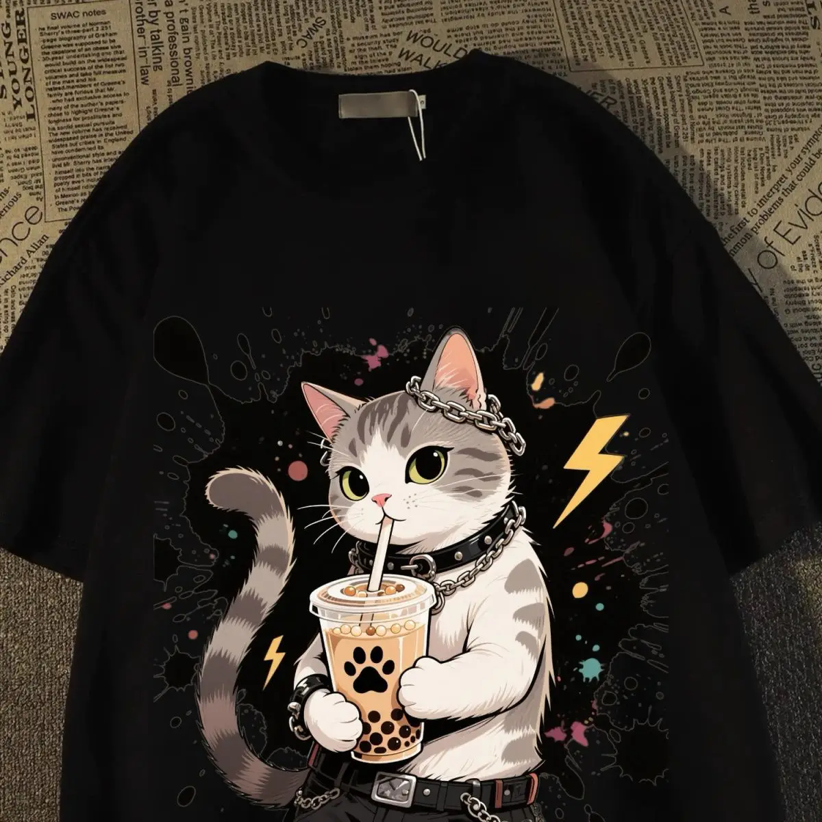 T-shirtand Womens Summer New Drag Cool Kitten Print T-shirt American Student Short-sleeved Top Trendy 1