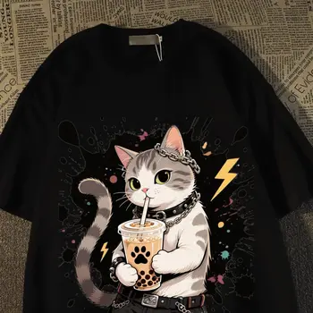 T-shirtand Womens Summer New Drag Cool Kitten Print T-shirt American Student Short-sleeved Top Trendy 1