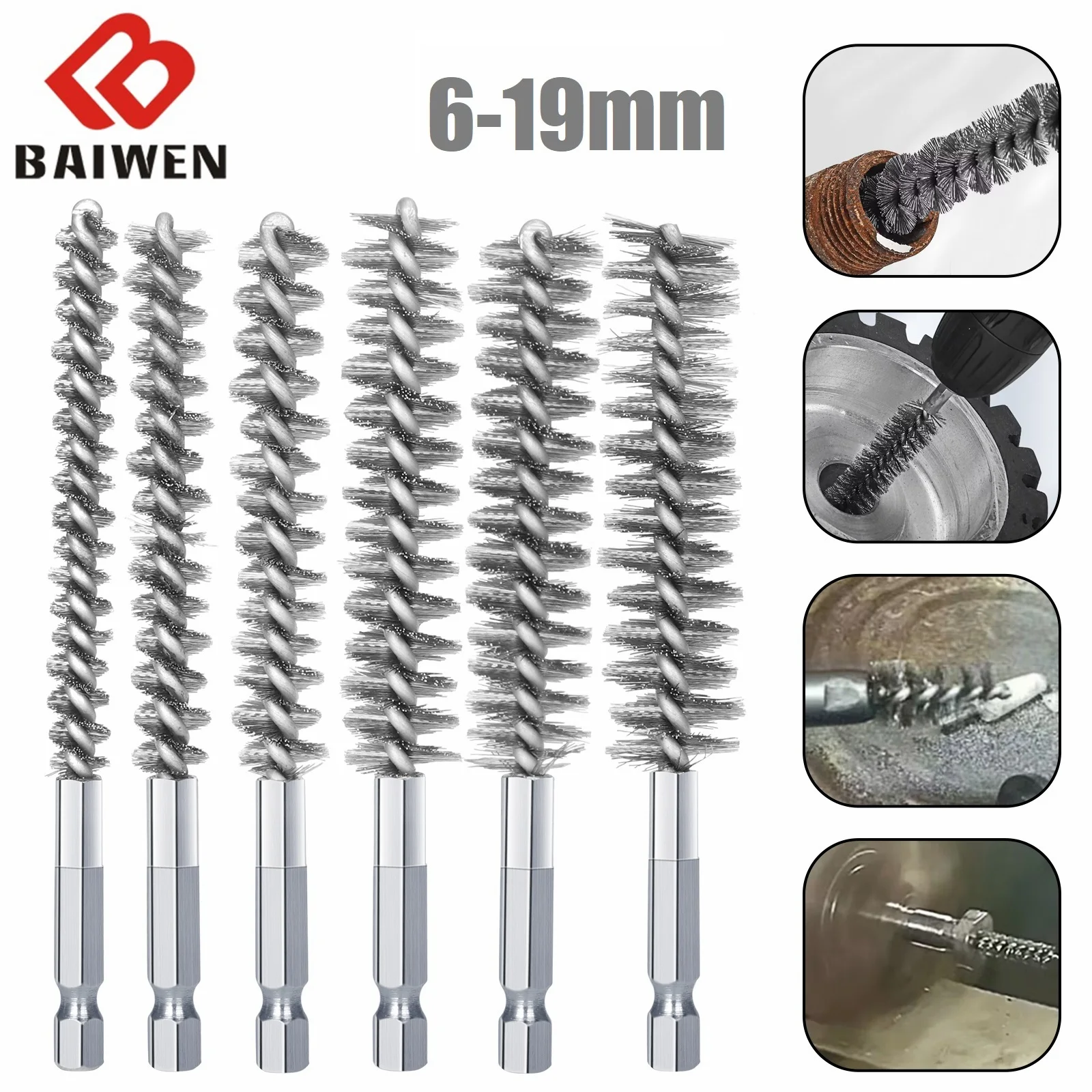 

Steel Bore Wire Brush Tube Wire Cleaning Brush Paint Removal Rust with 1/4" Hex Shank for Rotary Power Drill 9/11/13/16/17/19mm