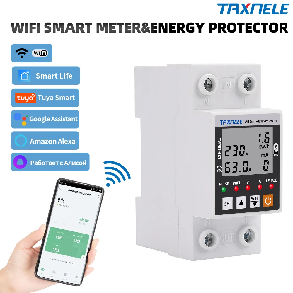 Taxnele TVPS1-63T TUYA WiFi Smart Earth Leakage Over Under Voltage Protector Relay Device Switch Breaker Energy Power kWh Meter Smart Life