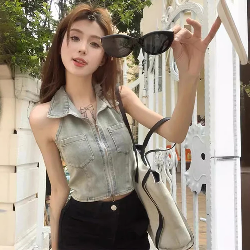 

Укороченный топ, жилет, женские джинсы, низкопрофильный дизайн, узкий короткий топ с высокой талией