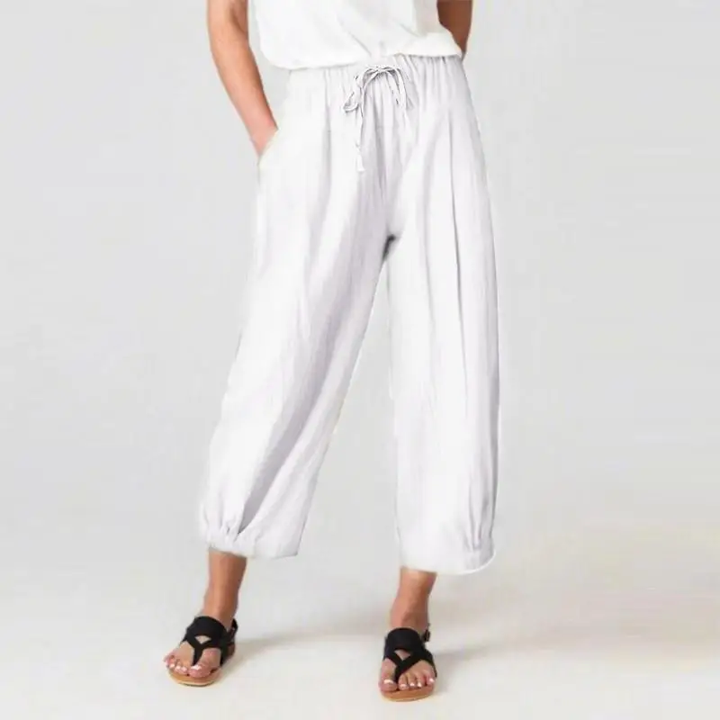 Spring/autumn Women's Elastic High Waist Solid Bandage Pocket Drawstring Wide Leg Trousers Elegant Fashion Casual Loose Pants