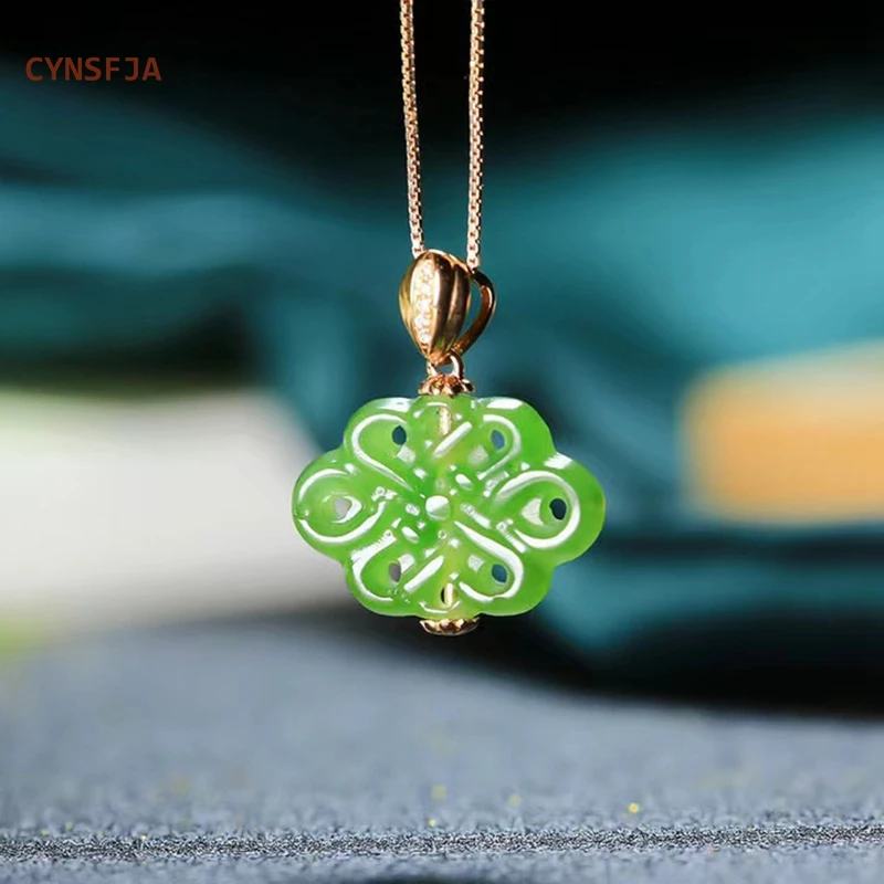 

CYNSFJA New Real Rare Certified Natural Hetian Jasper Nephrite Chinese Knot Jade Pendant 18K Green Hand-Carved Blessing Gifts