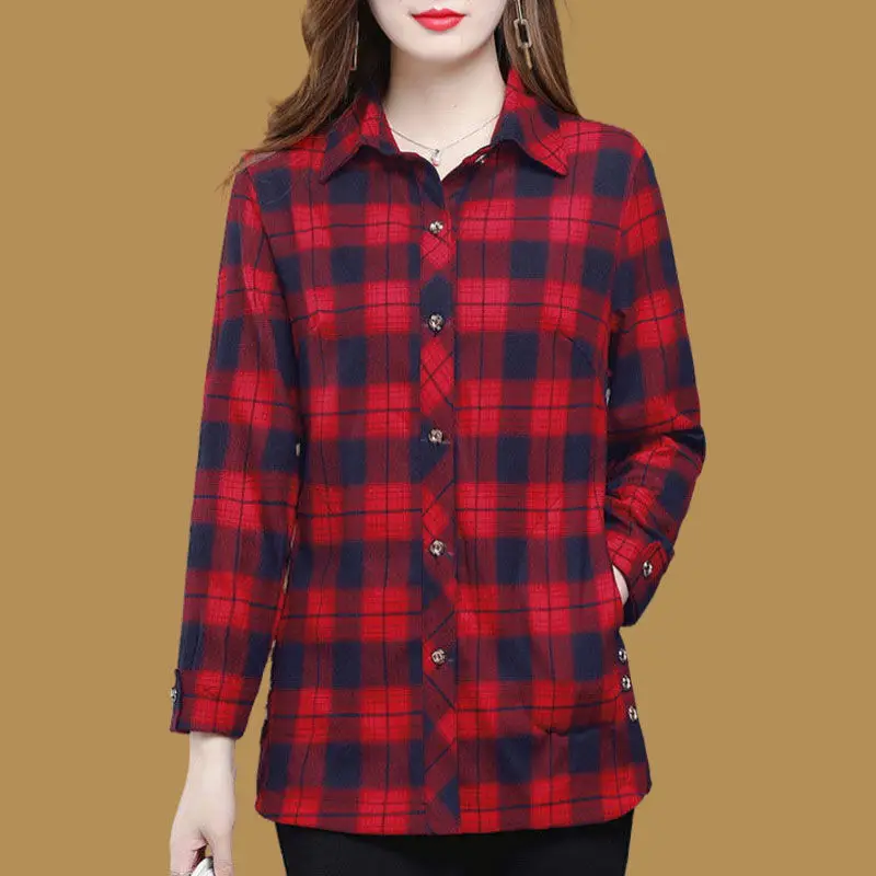 Women's Spring and Autumn Fashion POLO Collar Plaid Button Pocket Casual Versatile Long Sleeve Slim Fit Mid Length Shirt Tops