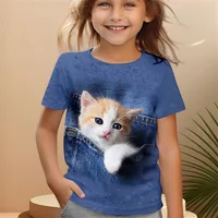 2024 Girl Clothes Short Sleeve Children's Clothing 2 to 8 Years One Piece Cat Graphic T Shirts Kawaii Tops Boys Summer Clothes 1