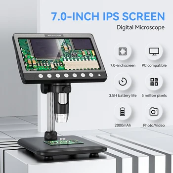 7-Inch IPS Digital Coin Microscope – 5MP Camera, 50X–1200X Magnification, 1080P Video, Ultra-Precise Focusing, 8 LED Lights, Adjustable Stand, PC Connection, for Coins, Circuit Boards, Soldering & Inspection