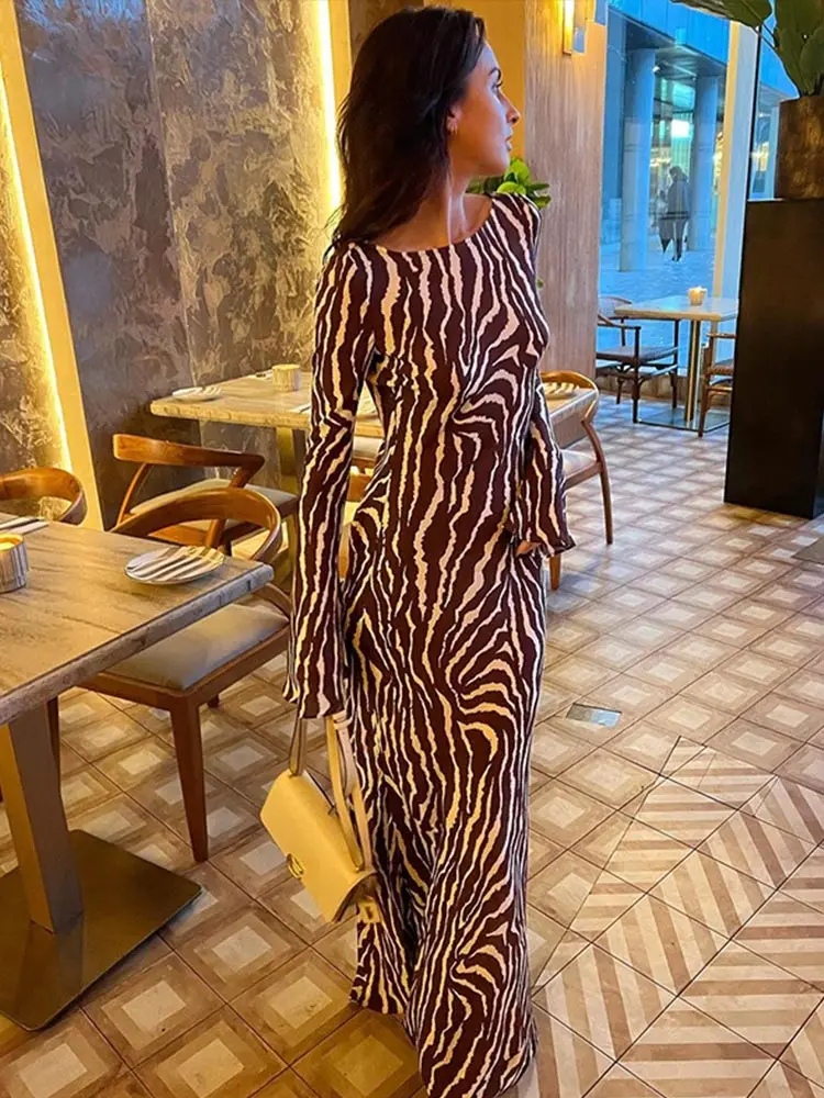 Abito lungo a righe zebrate marrone abito da donna elegante Slim