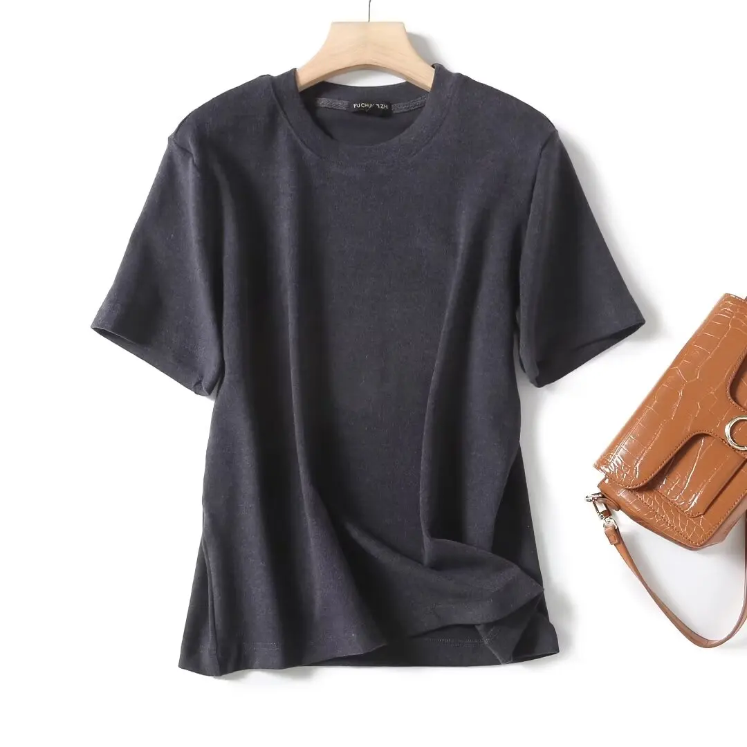 

Women 2023 Autumn Fashion New Basic Simple Shoulder T-shirt Retro Short Sleeve Chic Round Neck All-match Top Mujer