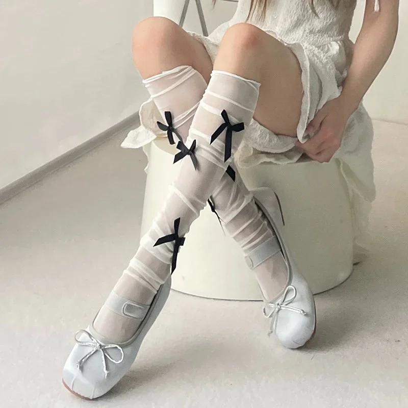 Frauen sexy Band Bogen Socken lange Rohr kniehohe Lolita weiße Strümpfe dünne Stapel von Socken Abschnitt Mesh reine Wunsch Spitze Strumpfwaren
