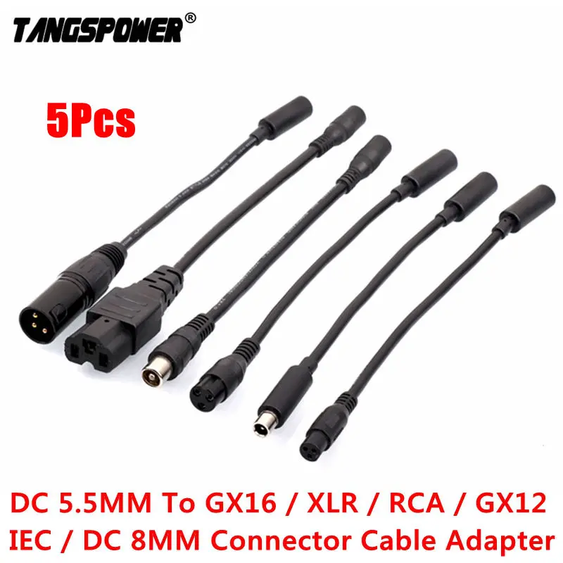 5Pcs DC 5.5MM To 3P GX16 3-Pin XLR RCA IEC 3P GX12 DC 8MM