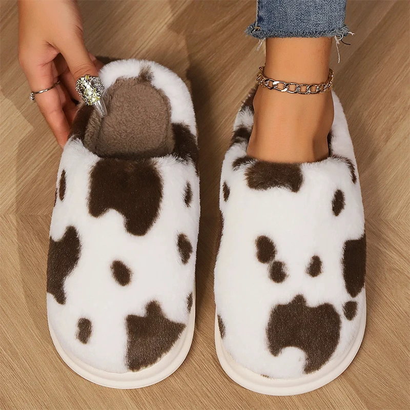 Cute Cow Spots Cotton Slippers for Women Round Toe Thick Sole Plush Slippers Woman Soft Faux Fur Warm Shoes Slides Female Winter