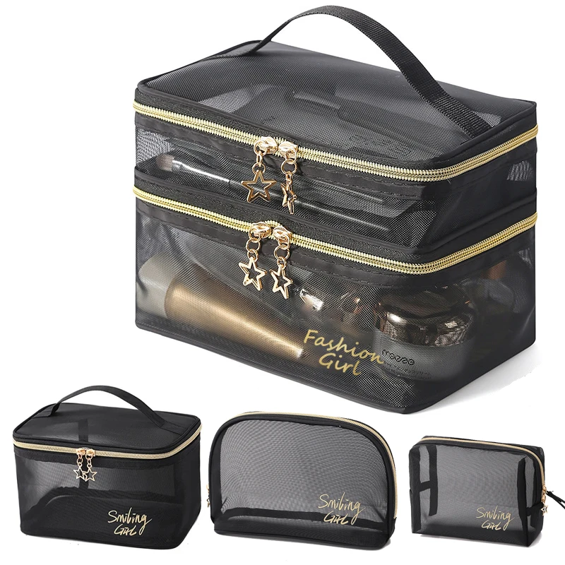 

Women Travel Cosmetic Bag Large Capacity Black Mesh Makeup Case Organizer Storage Pouch Casual Zipper Toiletry Make Up Wash Bags