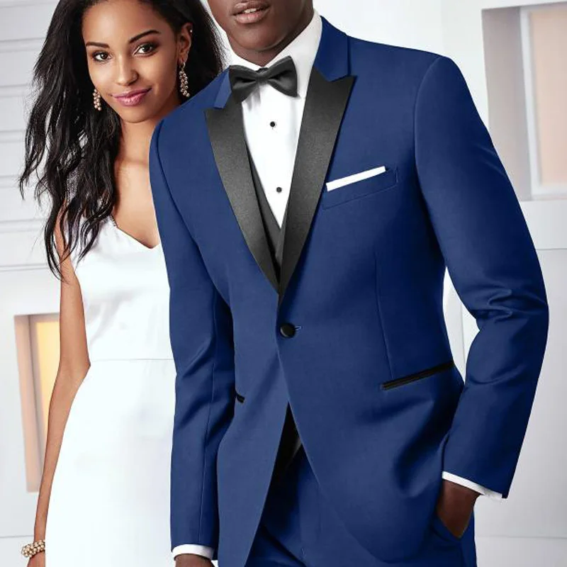 

Royal Blue Wedding Tuxedos For Groom 3 Piece Slim Fit Men Suit Formal Male Fashion Set Jacket With Pants Black Vest