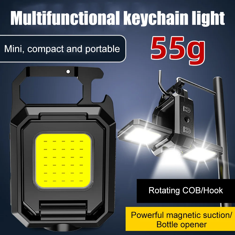 XPE Keychain Light 1000LM COB LED Pocket Flashlight 800mAh Type-C USB Rechargeable IPX4 Waterproof for Outdoor Camping Hiking