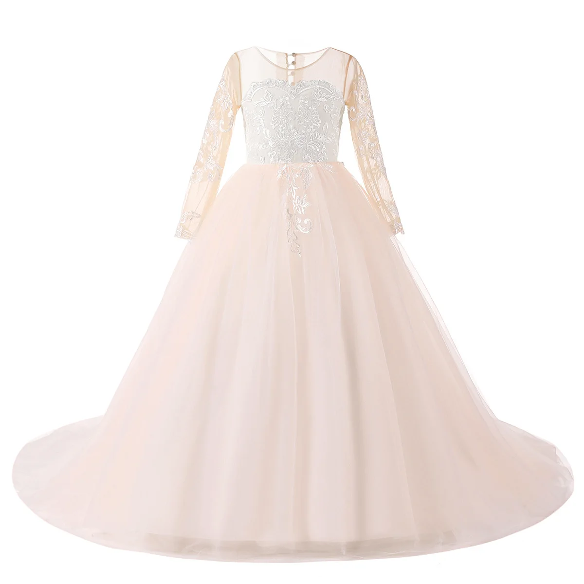 Flower Girl Dresses Light Pink Tulle White Appliques Long Sleeve For Wedding Birthday Party Holy Communion Gown