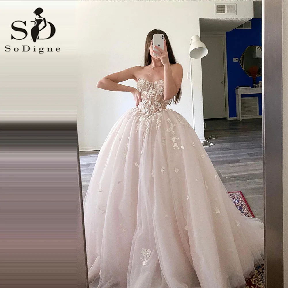 SoDigne Boho Wedding Dresses Princess Corset Tulle 3D Flower Lace Appliques A-Line Wedding Gown Sweetheart Bridal Gown