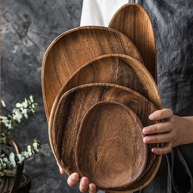 Whole Wood Lovesickness Wood Irregular Oval Solid Pan Plate Fruit Dishes Saucer Tea Tray Dessert Dinner Plate Tableware Set